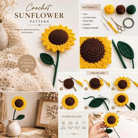 Crochet sunflower with stem and leaf