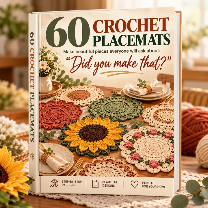 60 Crochet Placemats pattern book with sunflower, floral and lace placemats on a set dinner table